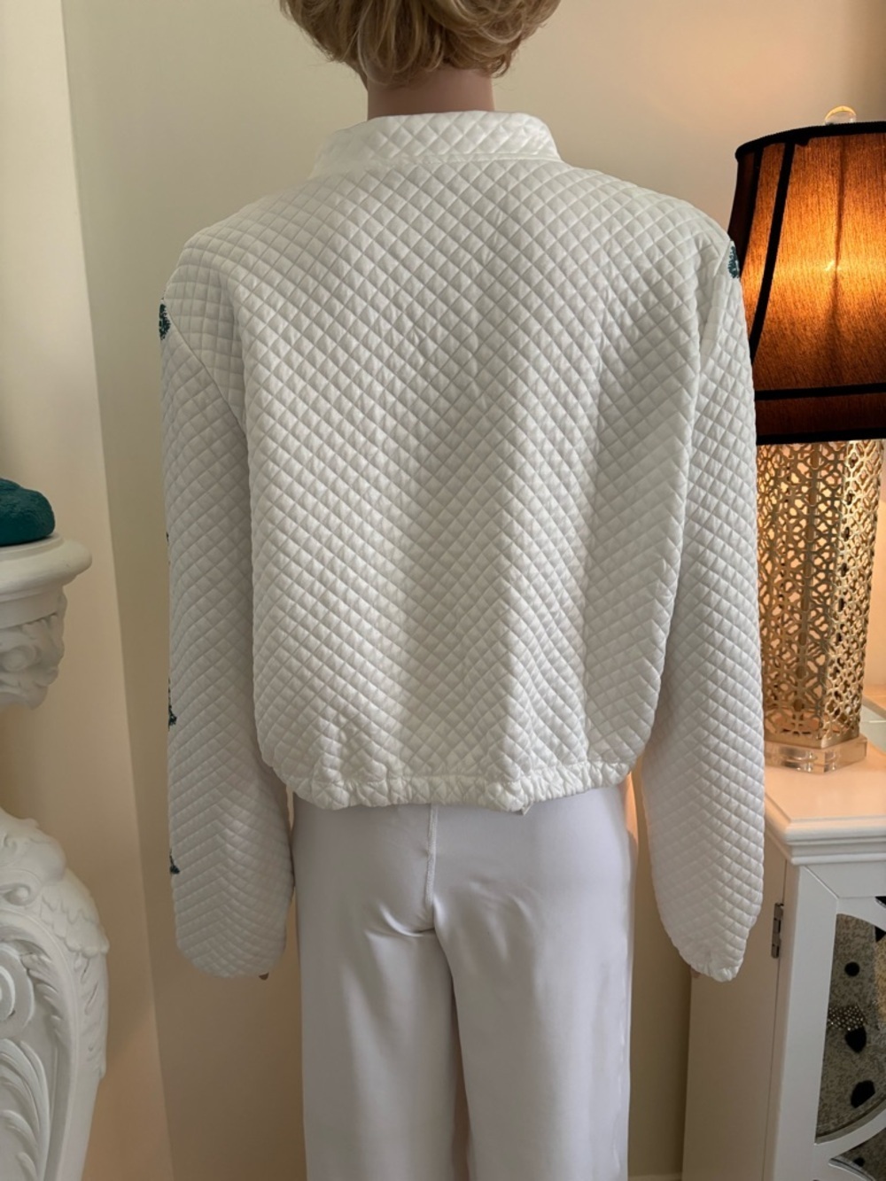 Quilted White Button-Front Jacket with Teal Diamond Motif - Picture 7 of 13